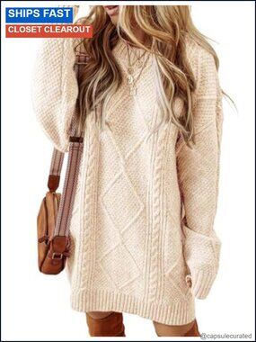 Cable Knit Sweater Dress Womens Long Sleeve Crew Neck Mini